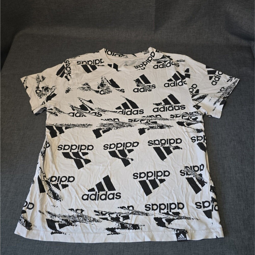 Adidas Mens Small White All Over Logo Graphic T Shirt Short Sleeve Cotton